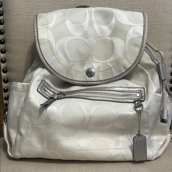 Coach Monogram Kyra Daisy White and Silver Mini Backpack - Picture 1 of 16